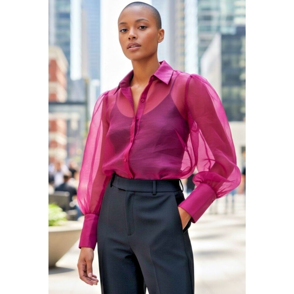 CeCe NWT womens buttoned sheer glam top 3/4 sleeve magenta Small coquette fancy
